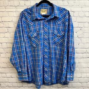 Wrangler Western Shirts Pearl Snap Blue Plaid Long Sleeve Shirt Men's 2XL